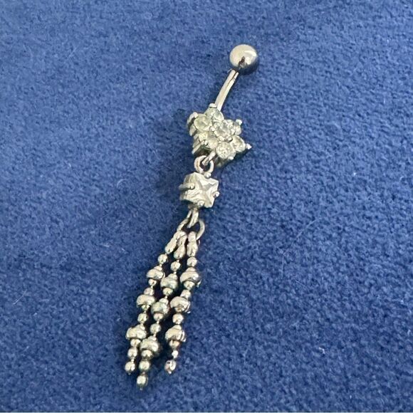 Stainless Steel Silver CZ Cubic Zirconia Dangle Bead Vintage Belly Ring Piercing - Picture 1 of 6